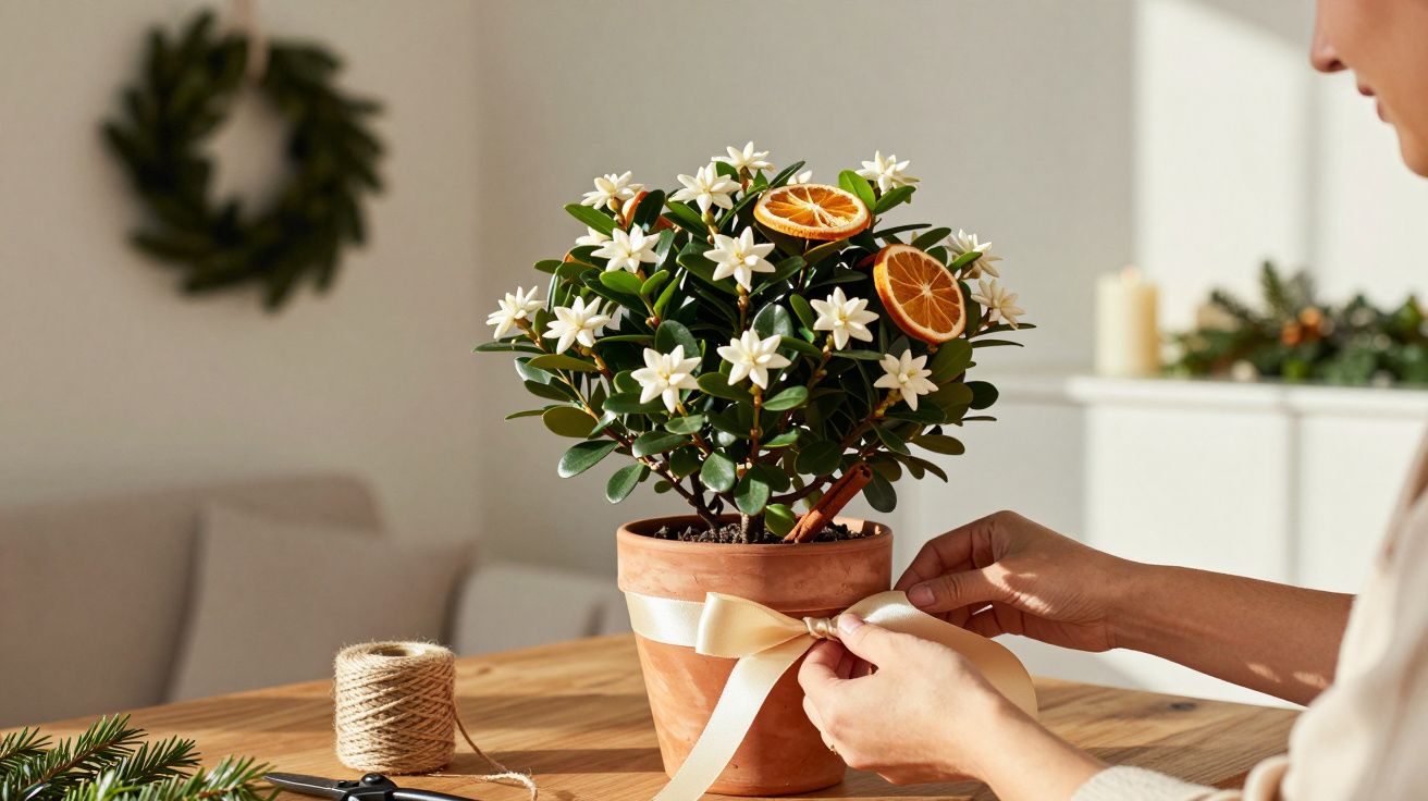 Pessoa amarra fita num vaso com pequena árvore decorada com flores brancas e rodelas de laranja.