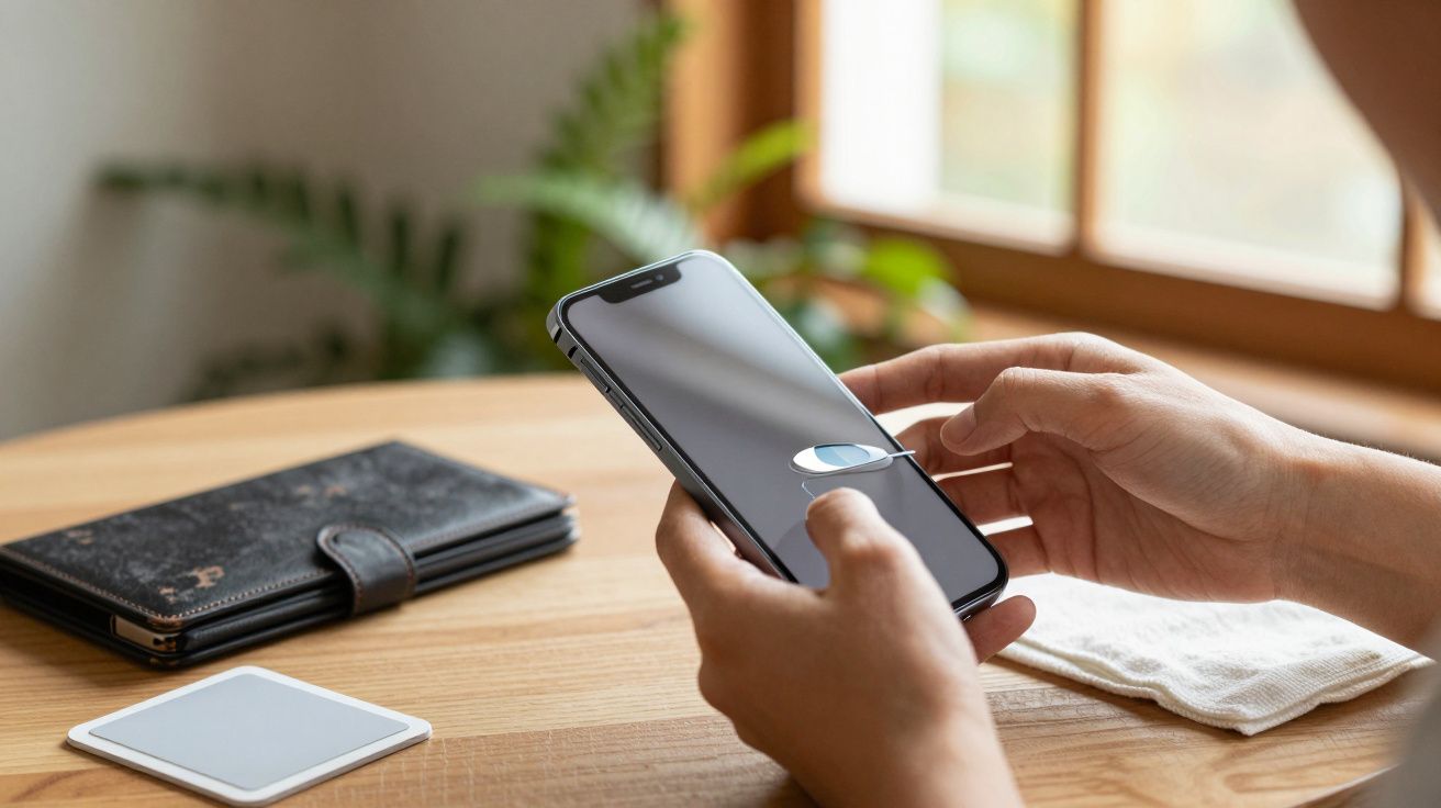 Pessoa mexe em smartphone na mesa de madeira, com carteira e planta ao fundo.