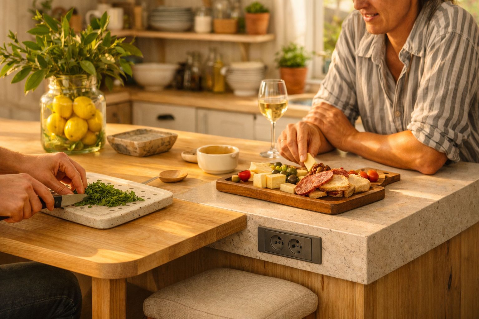 Mulher a cortar vegetais numa cozinha luminosa, com flores e maçãs sobre a mesa.