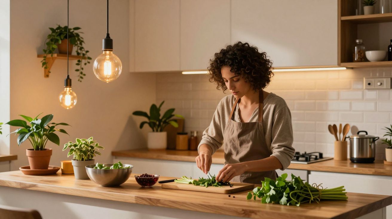 Pessoa a cozinhar numa cozinha moderna, cortando vegetais frescos numa bancada de madeira, rodeada de plantas.