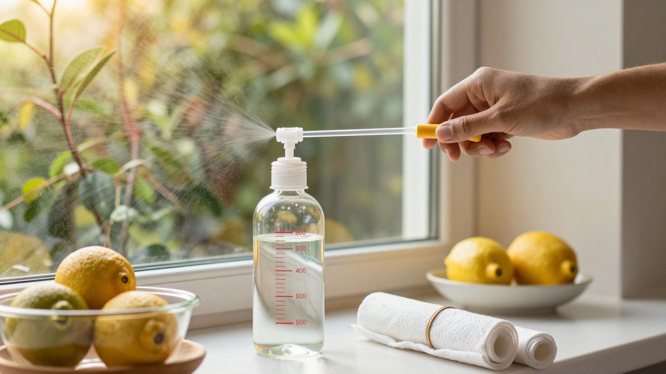 Mão a usar spray num recipiente, em frente a janela com limões, toalhas e plantas.