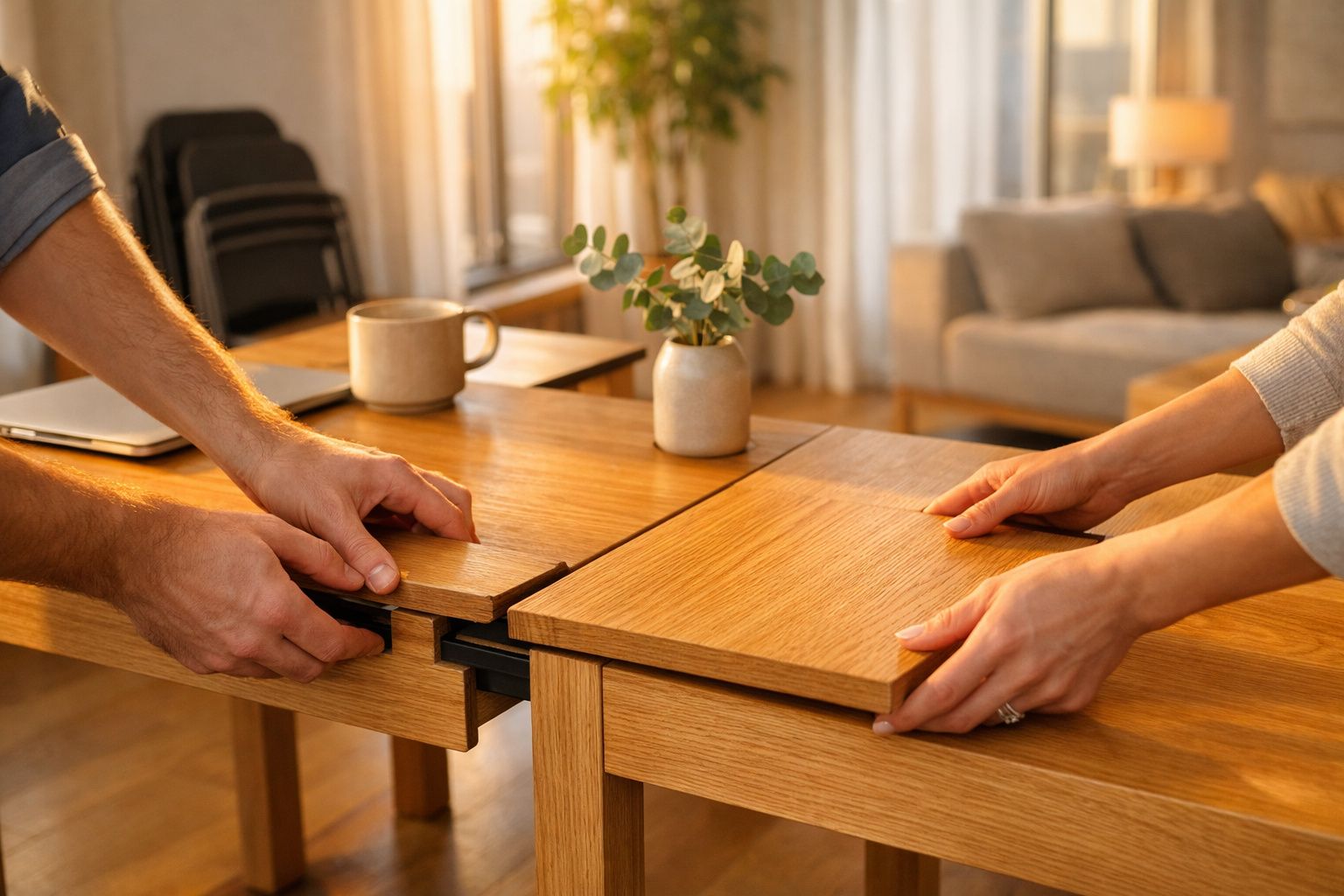 Mulher de pé ao lado de uma mesa de madeira com um computador portátil e uma tigela de frutas, ambiente minimalista.