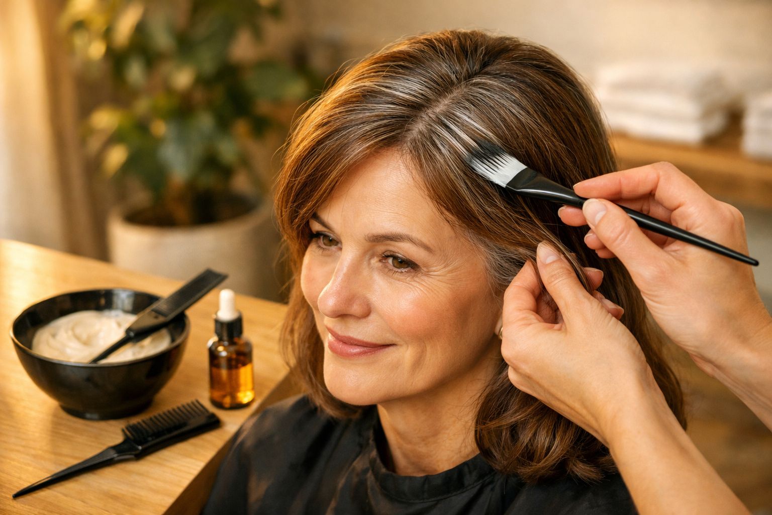 Pessoa penteando cabelo castanho comprido em salão com espelho e produtos ao fundo.