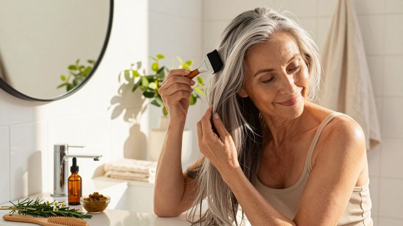 Mulher de cabelos grisalhos penteia o cabelo no banheiro, com produtos de beleza na bancada.