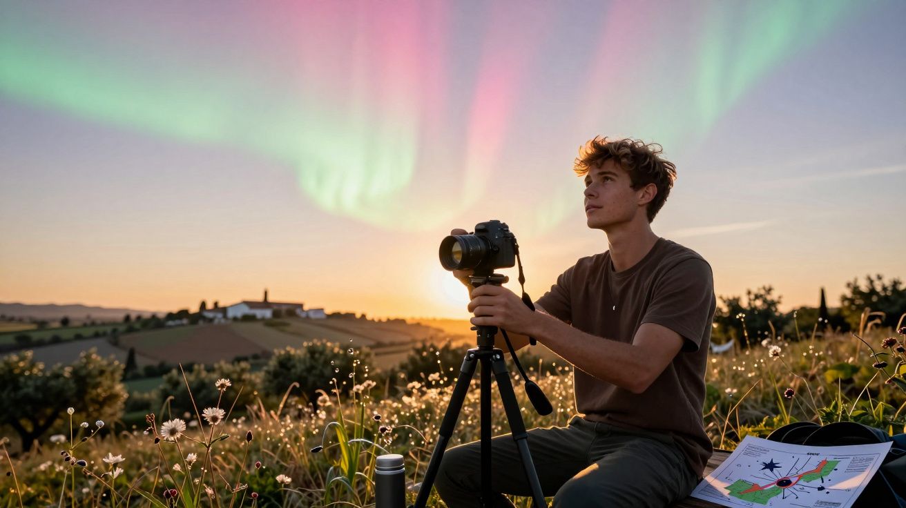 Jovem fotografa aurora boreal ao pôr do sol num campo florido. Mapa e tripé estão ao lado.