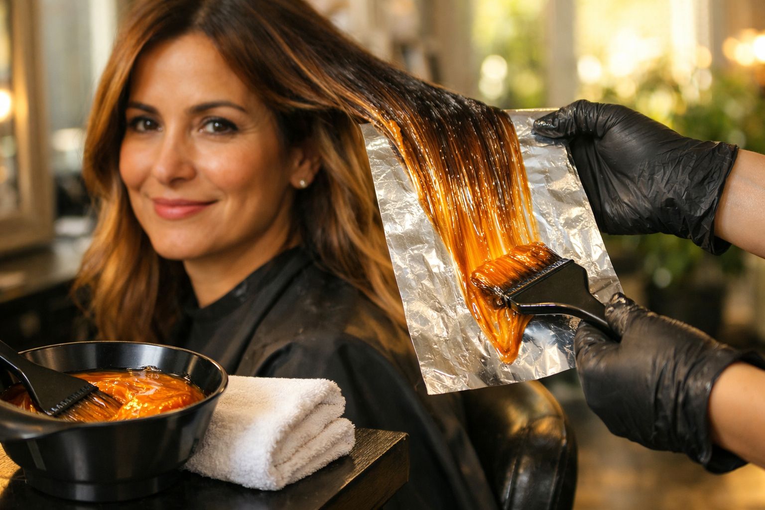 Mulher loira sorrindo enquanto segura o cabelo, com alguém a aplicar maquilhagem e um espelho no plano de fundo.