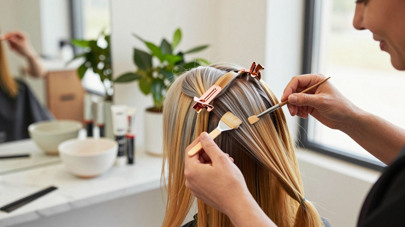 Cabeleireira aplica tinta no cabelo de uma cliente usando pincéis, com ganchos a separar as mechas no salão.