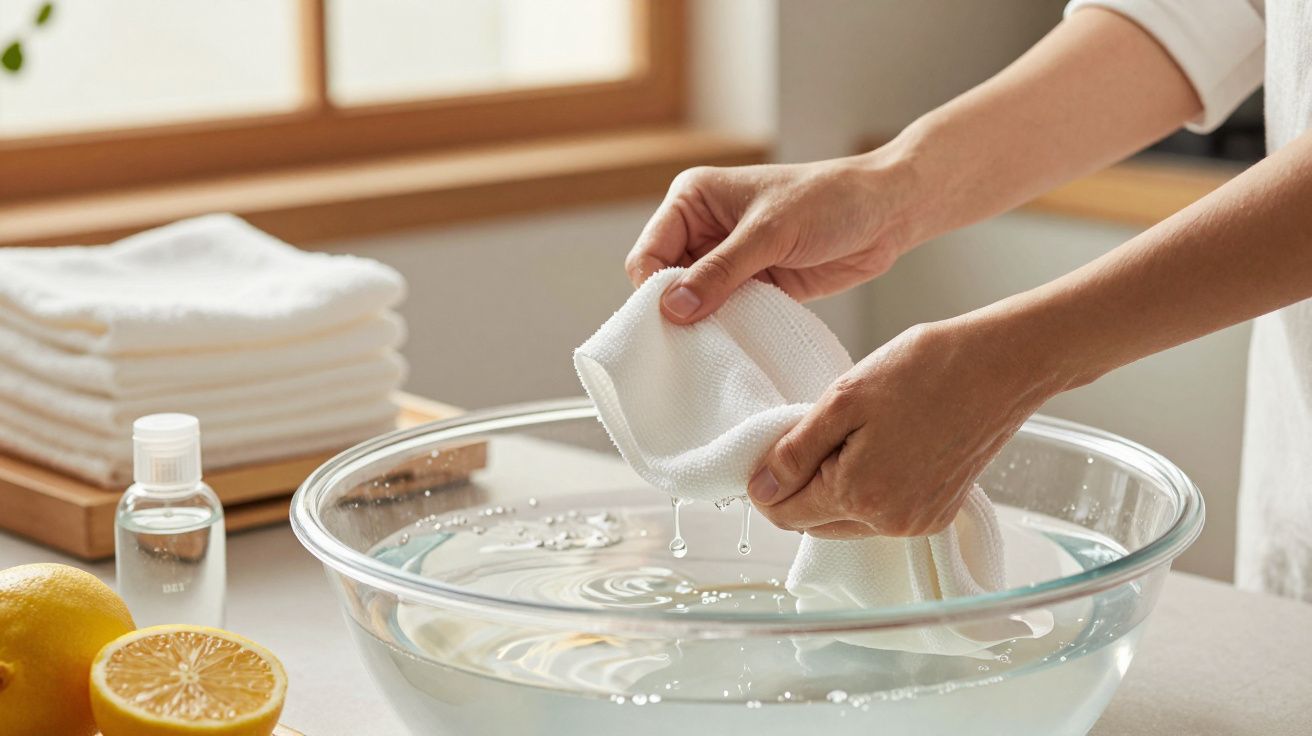 Mãos lavam um pano branco numa tigela de água com limões ao lado.