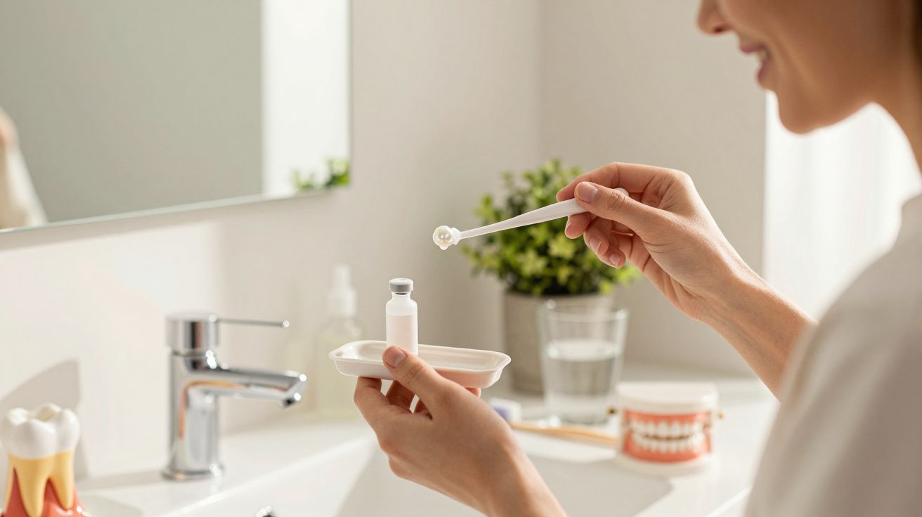 Pessoa a preparar escova de dentes com pasta, segurando um frasco numa casa de banho moderna.