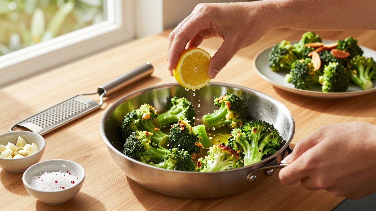 Mão espreme limão sobre brócolos numa frigideira em cima de uma mesa de madeira.