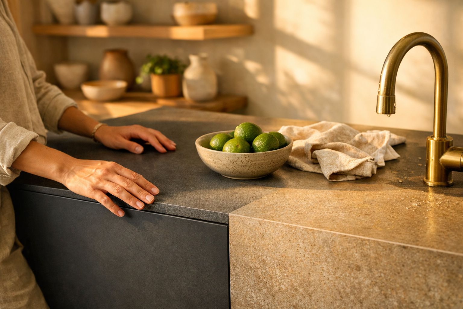 Mãos abrindo gaveta de madeira numa cozinha moderna com bancada de mármore, folhas verdes e limões ao fundo.