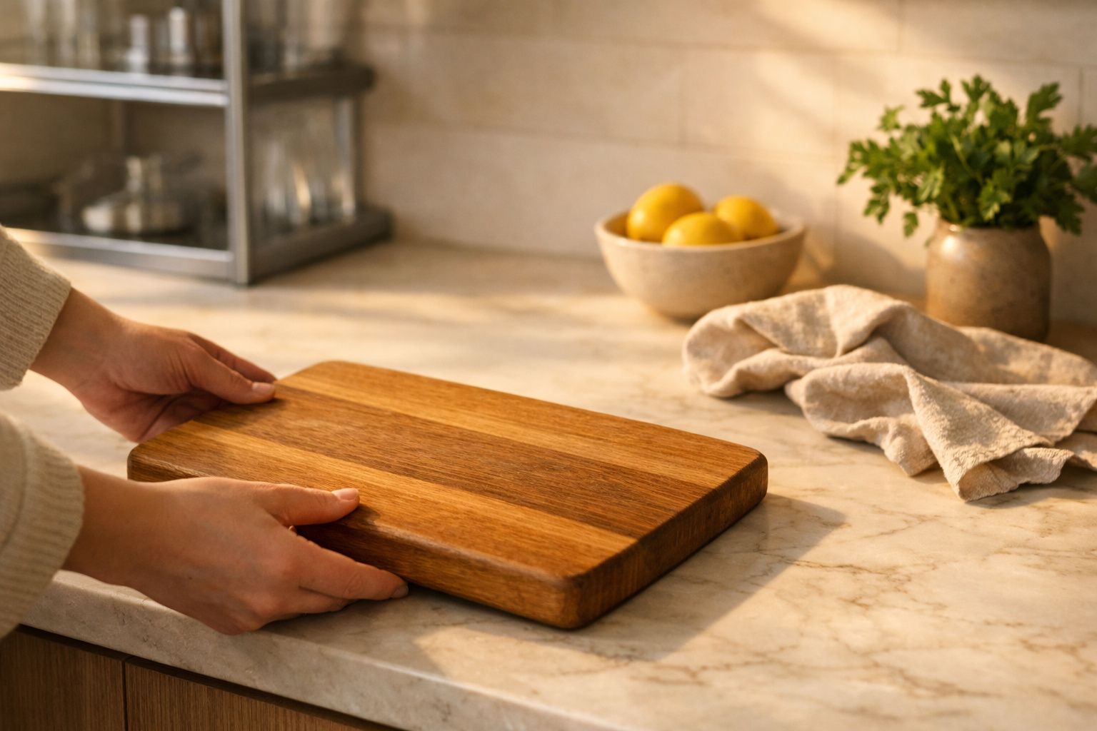 Casal sorridente na cozinha moderna, preparando limões frescos sobre uma bancada de mármore ao lado de um vaso de plantas.