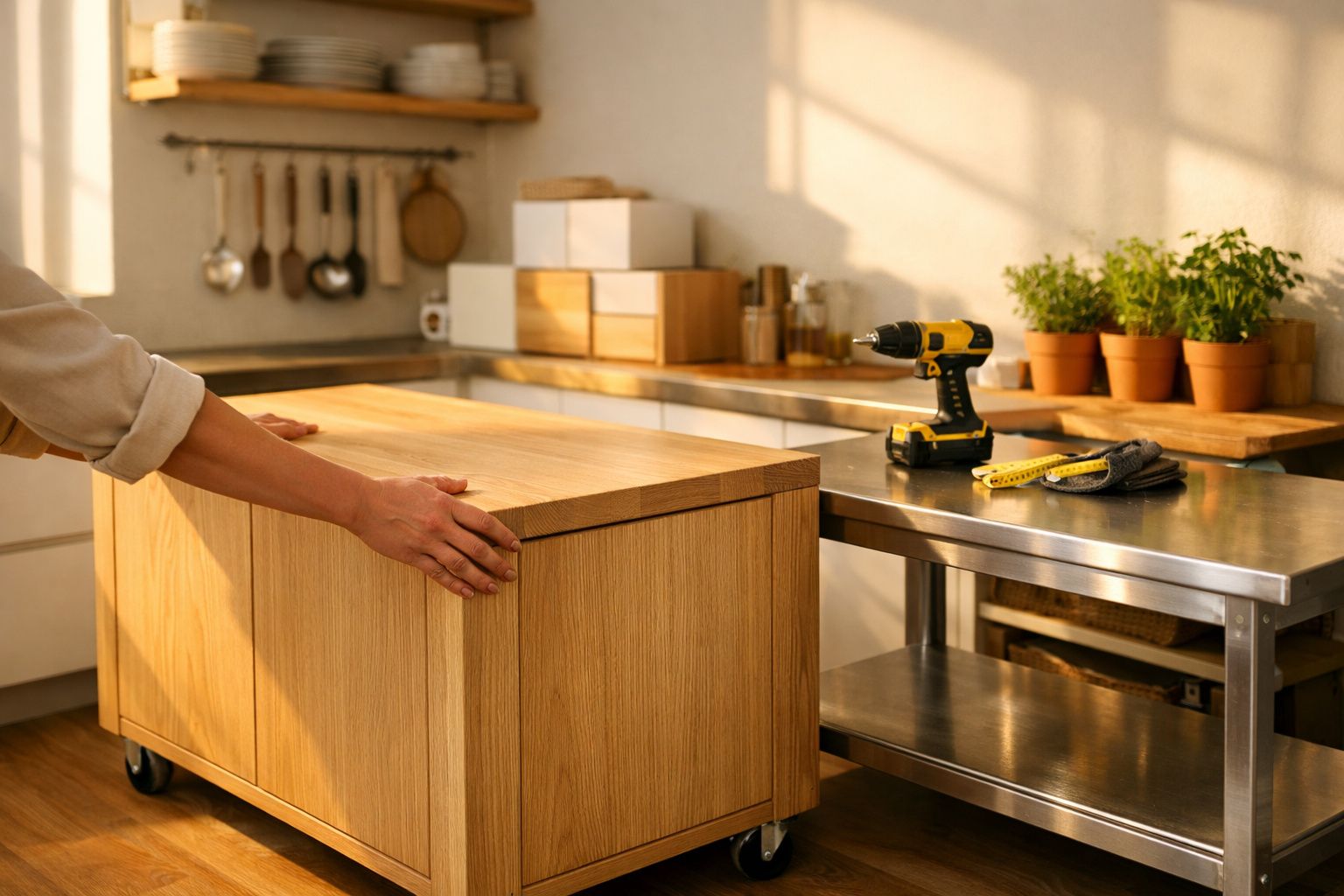 Pessoa a colocar tampo de madeira num balcão de cozinha moderna, com ferramentas e frutas ao fundo.