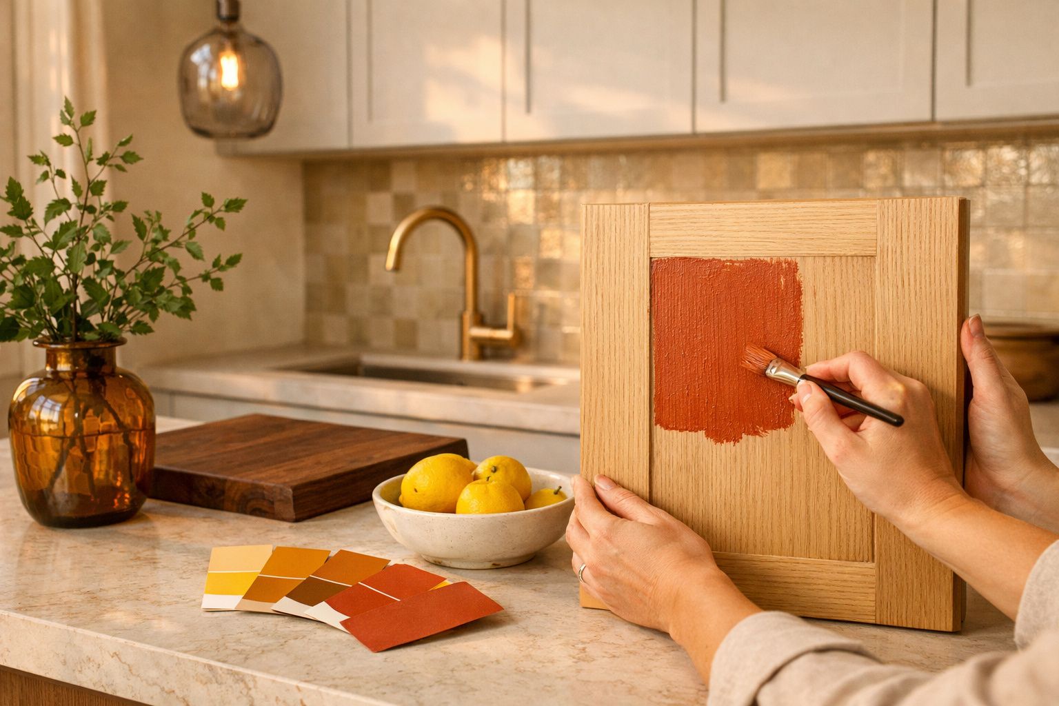 Cozinha moderna com bancada de madeira, fruteira com laranjas, torneira dourada e plantas ao fundo.