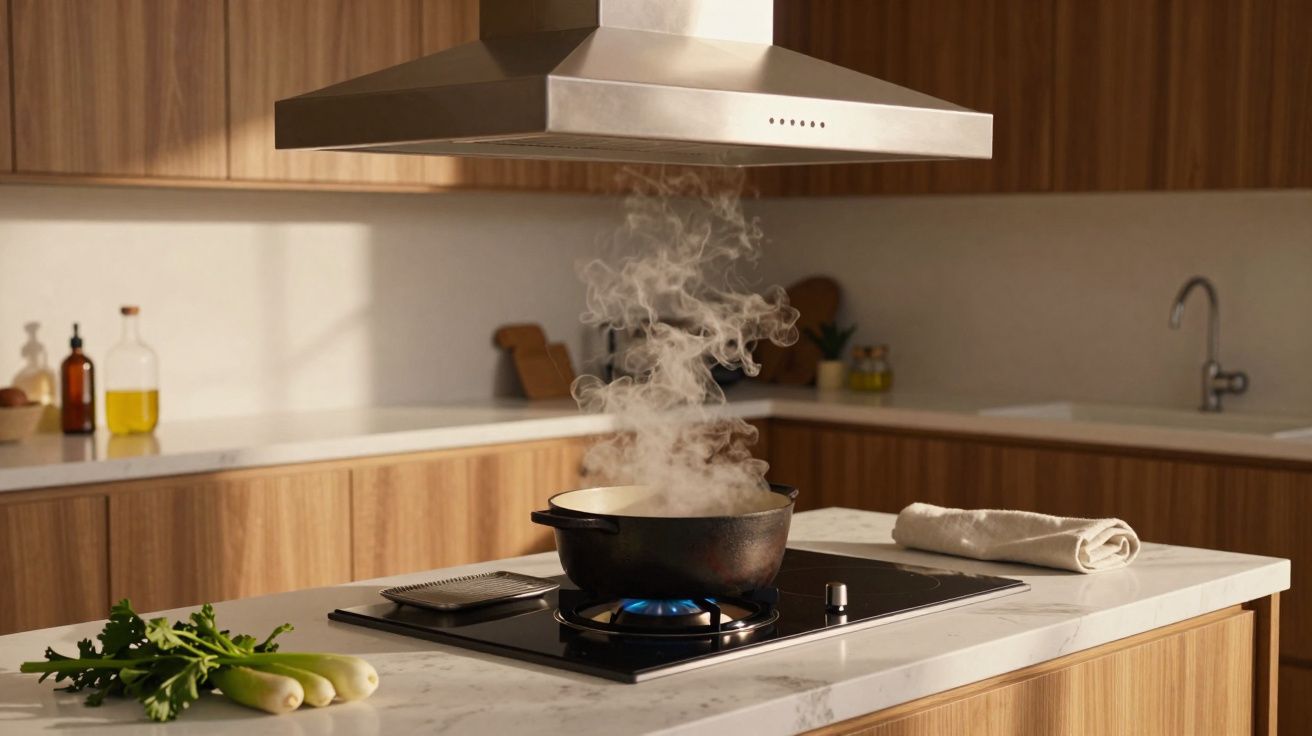 Panela a ferver em fogão moderno com exaustor, cozinha luminosa.