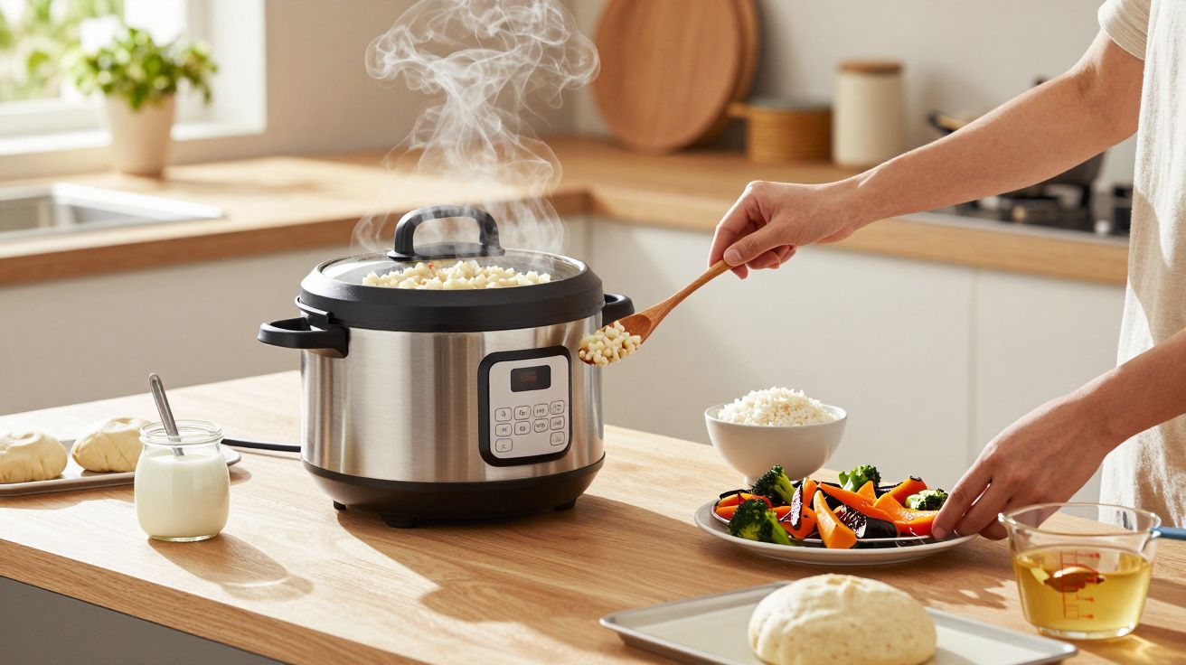 Pessoa serve arroz de um tacho elétrico fumegante na cozinha, com legumes e pão sobre a bancada ao lado.