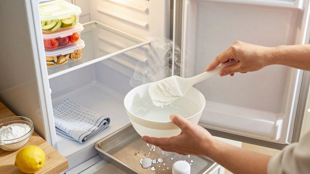 Pessoa a colocar uma tigela de água quente no frigorífico aberto com caixas organizadas e limão ao lado.