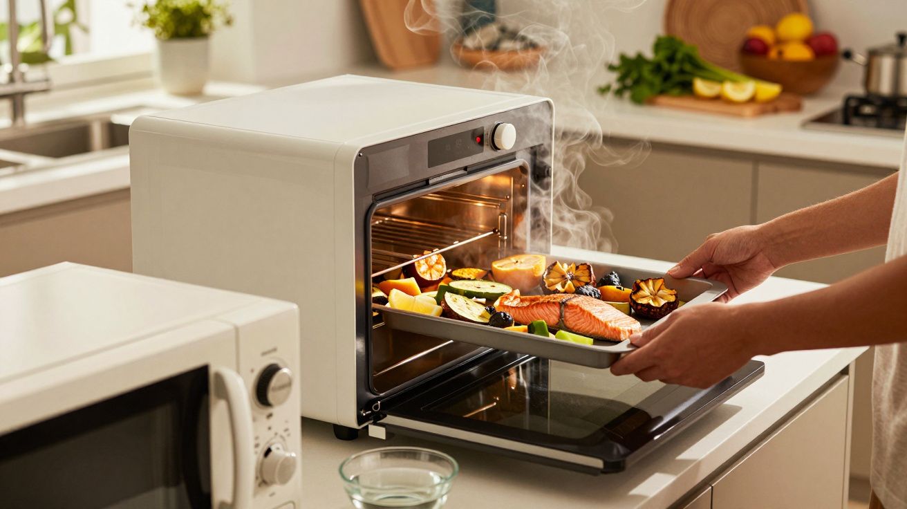 Pessoa retira tabuleiro de forno com legumes e salmão; cozinha moderna ao fundo.