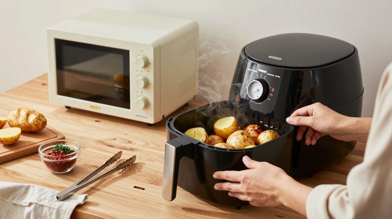 Pessoa a preparar batatas numa fritadeira de ar quente, ao lado de um micro-ondas, numa bancada de madeira.