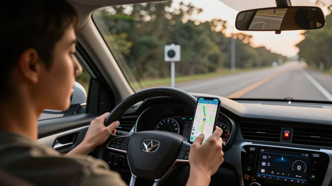 Homem a conduzir enquanto consulta o GPS no telemóvel numa estrada tranquila.