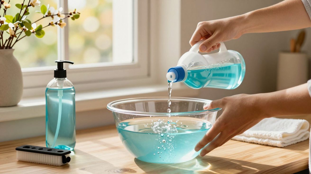 Pessoa a verter detergente azul numa taça com água num balcão de cozinha ensolarado.