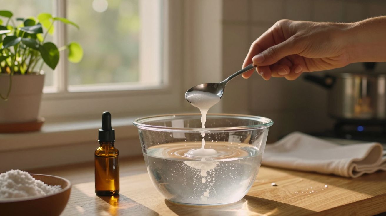 Mão segurando colher sobre taça com líquido espesso, num balcão de cozinha iluminado, com plantas e frasco ao lado.