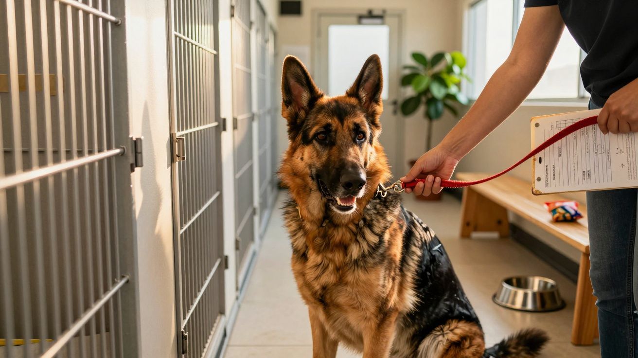 Pastor alemão na trela, junto a gaiolas, com uma pessoa segurando documentos.