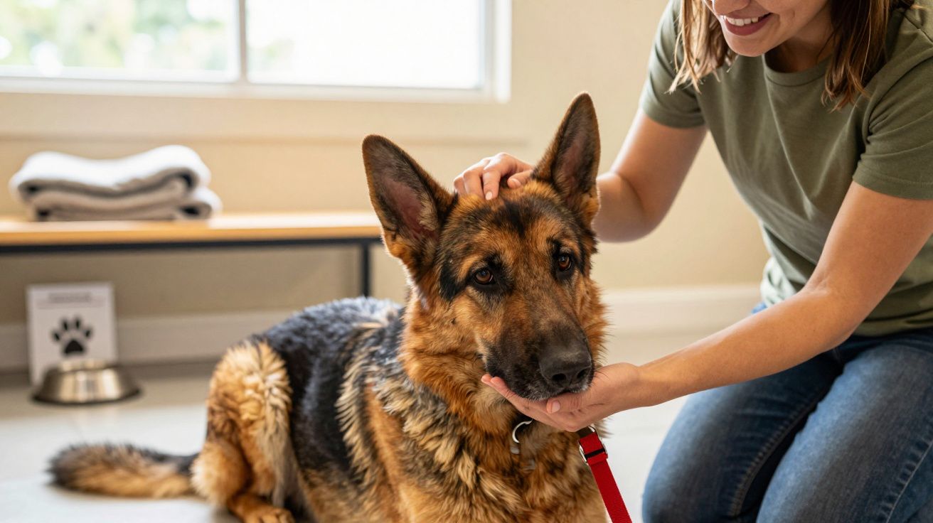 Mulher acaricia pastor alemão sentado no chão, ao lado de uma janela.