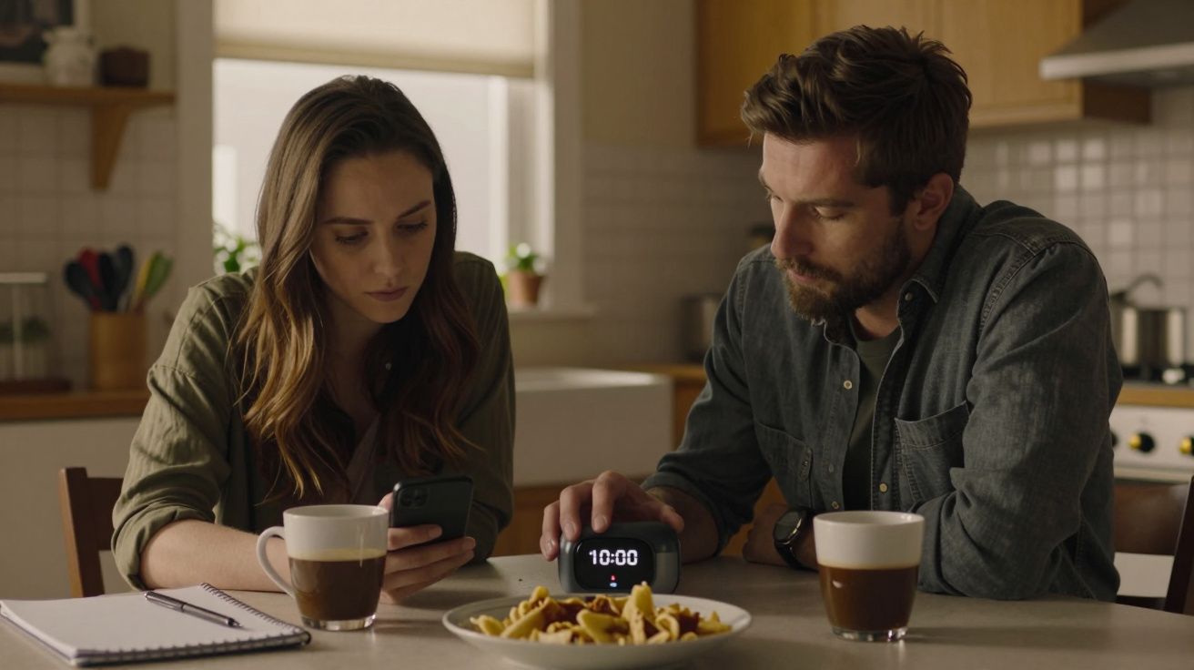 Casal numa cozinha, com café e cereais na mesa, olha para um smartphone e um dispositivo digital a mostrar 10:00.