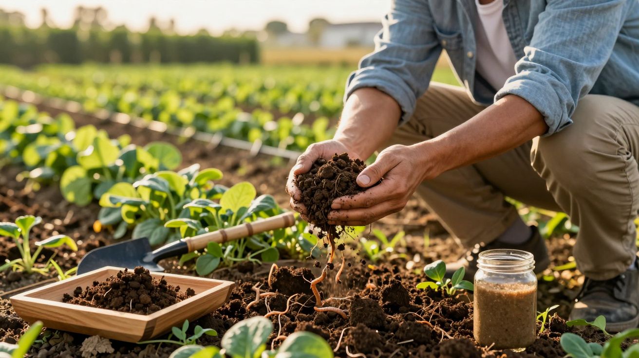 Pessoa analisando solo em quintal, segura terra entre mãos ao lado de plantas verdes e frasco transparente.