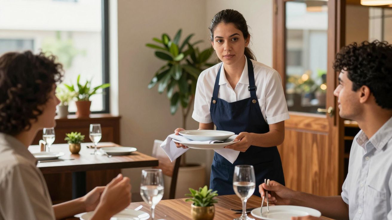 Empregada de mesa jovem serve dois clientes sentados à mesa num restaurante elegante, com plantas ao fundo.