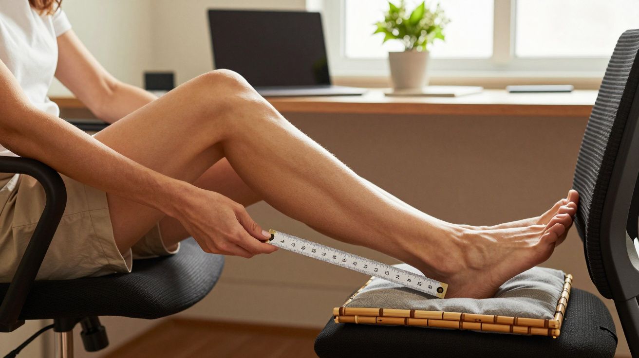 Pessoa sentada mede a perna com fita métrica, com escritório ao fundo.