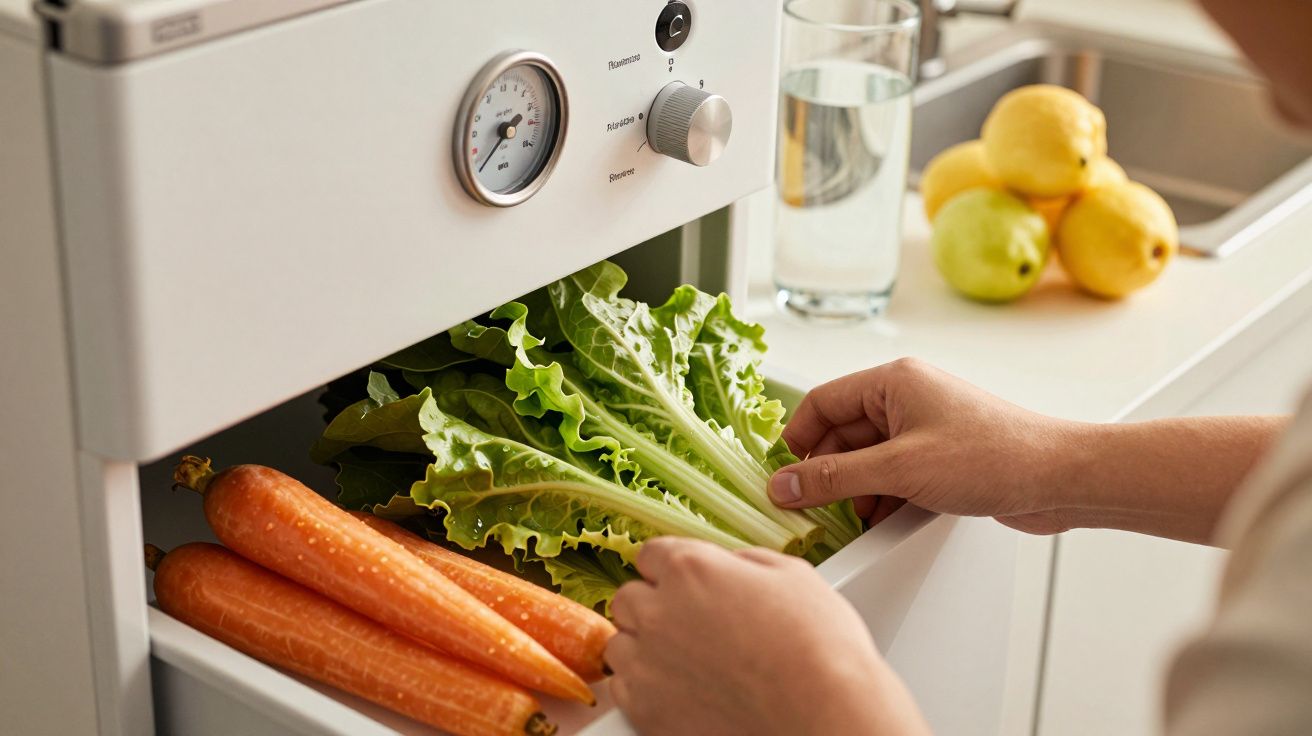 Pessoa a colocar alface e cenouras numa gaveta de vapor. Limões e copo de água no fundo.