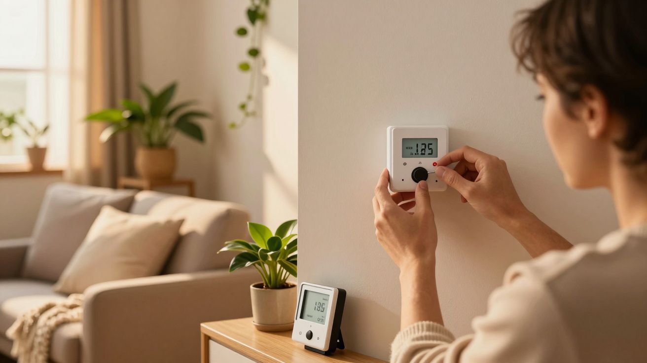 Pessoa ajusta termóstato na parede de uma sala iluminada, decorada com plantas e sofás.