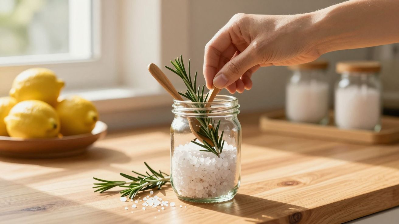 Mão colocando alecrim num frasco de sal grosso numa cozinha iluminada. Limões ao fundo.