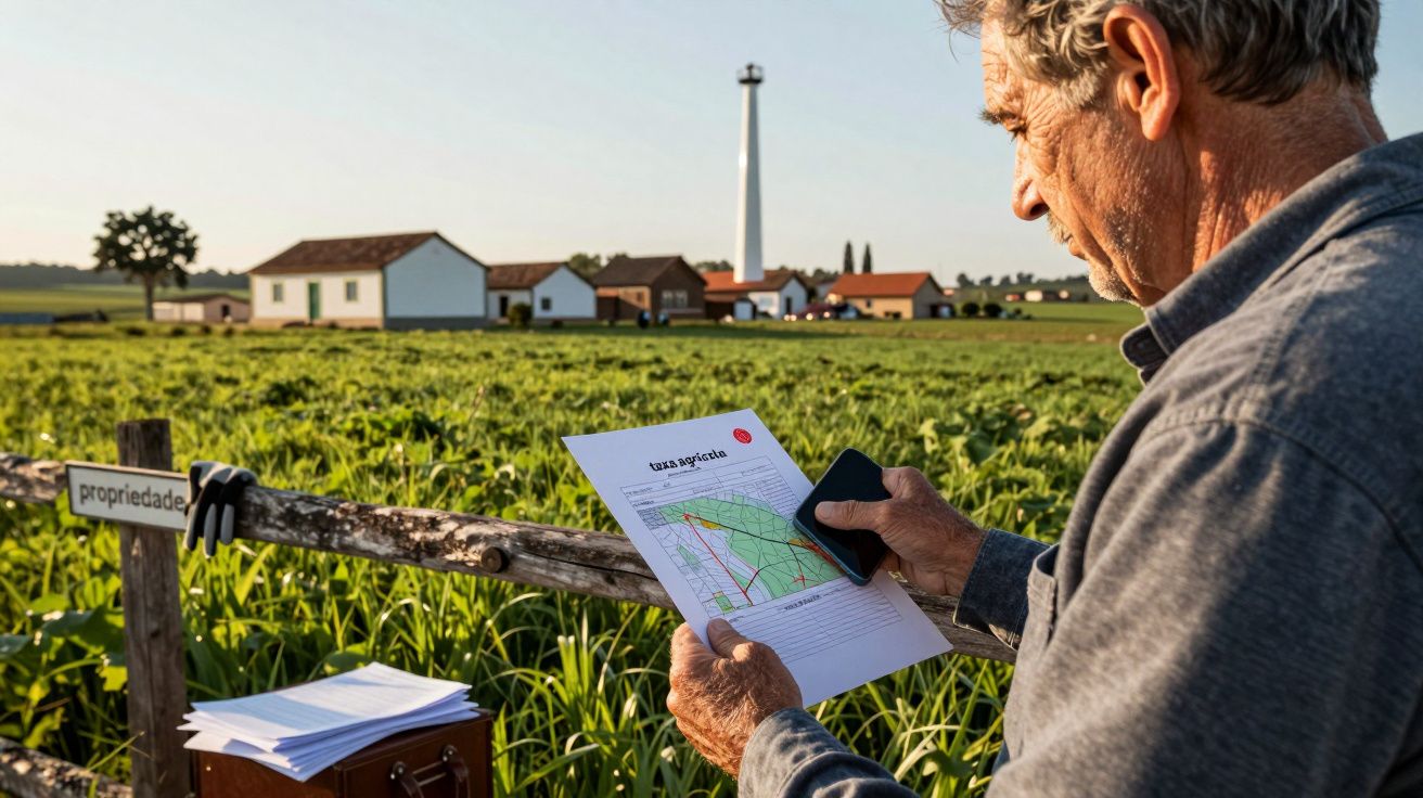 Homem analisa mapa agrícola num campo verde, com casas e uma torre ao fundo, ao lado de uma vedação de madeira.