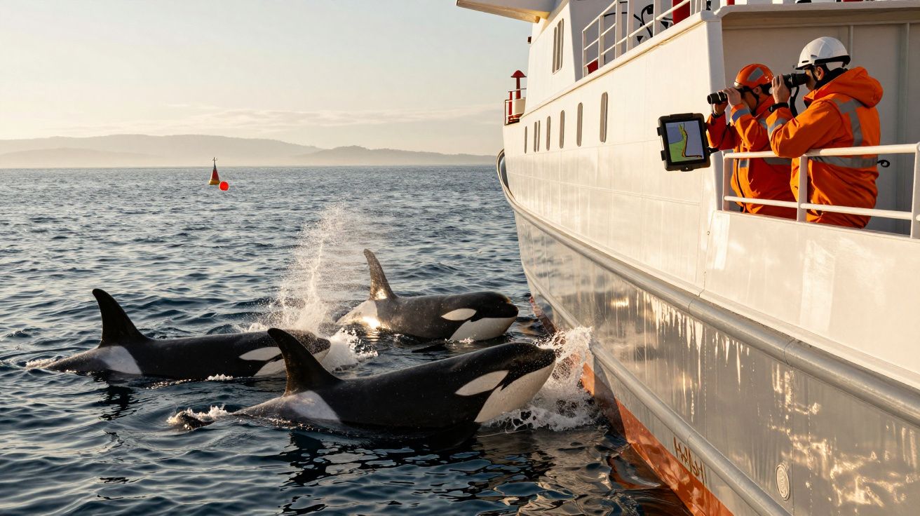 Orcas junto a um barco, observadas por pessoas com câmaras no convés, ao amanhecer no oceano.