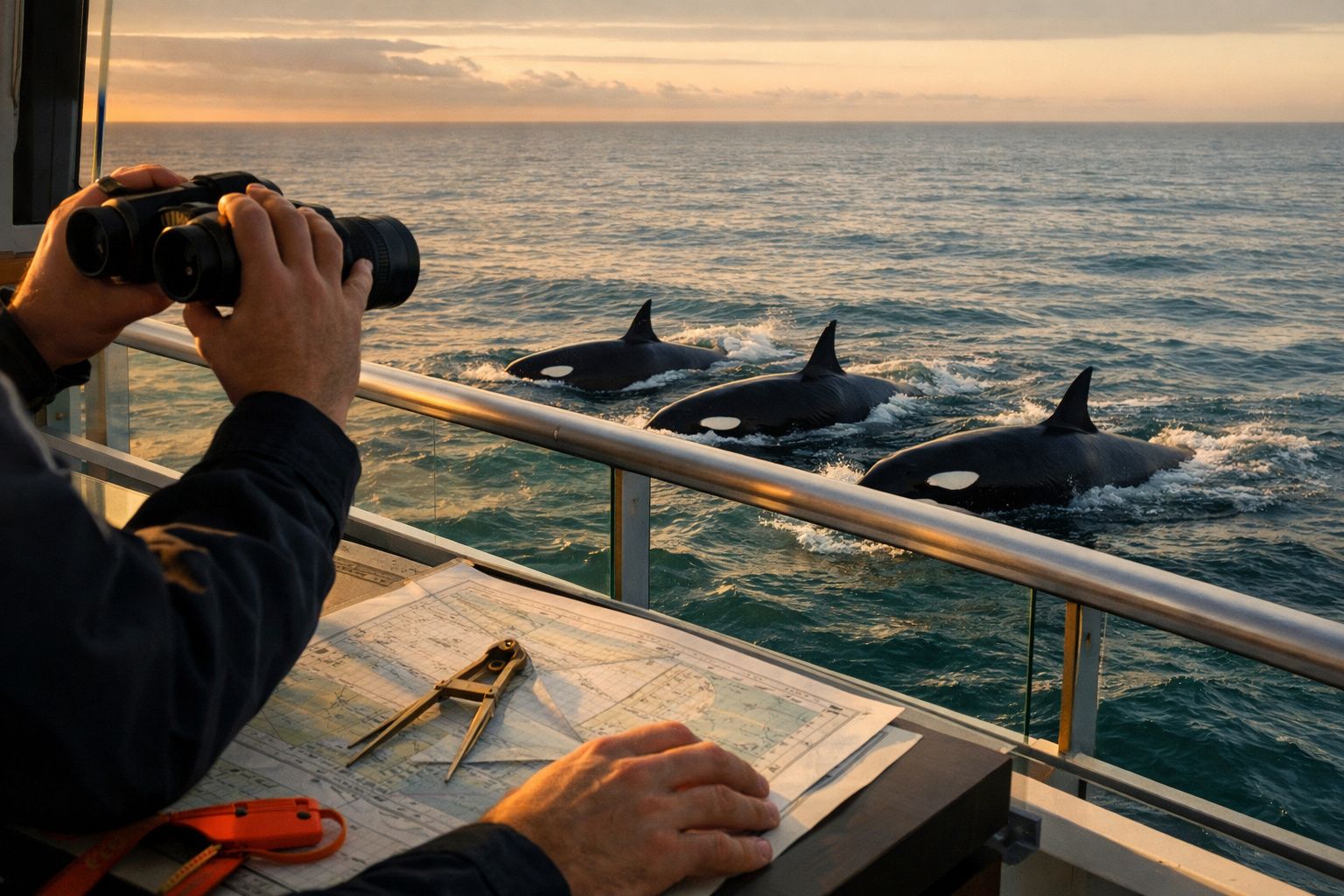 Vista de um grupo de orcas nadando ao lado de um barco, com uma pessoa a consultar um mapa digital dentro da cabine.