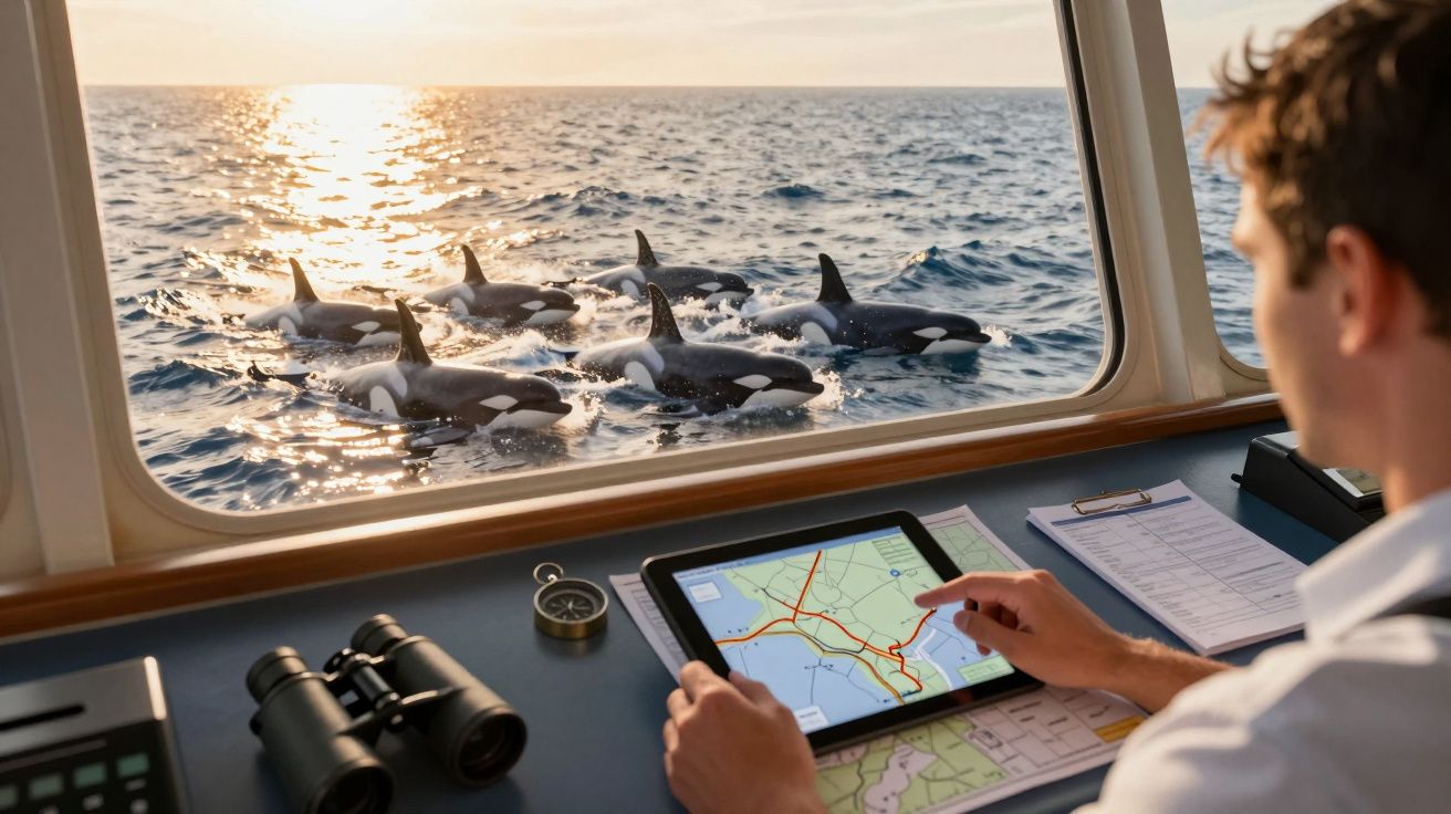 Homem observa orcas a nadar no mar ao pôr-do-sol, com tablet e mapas na mesa à frente.
