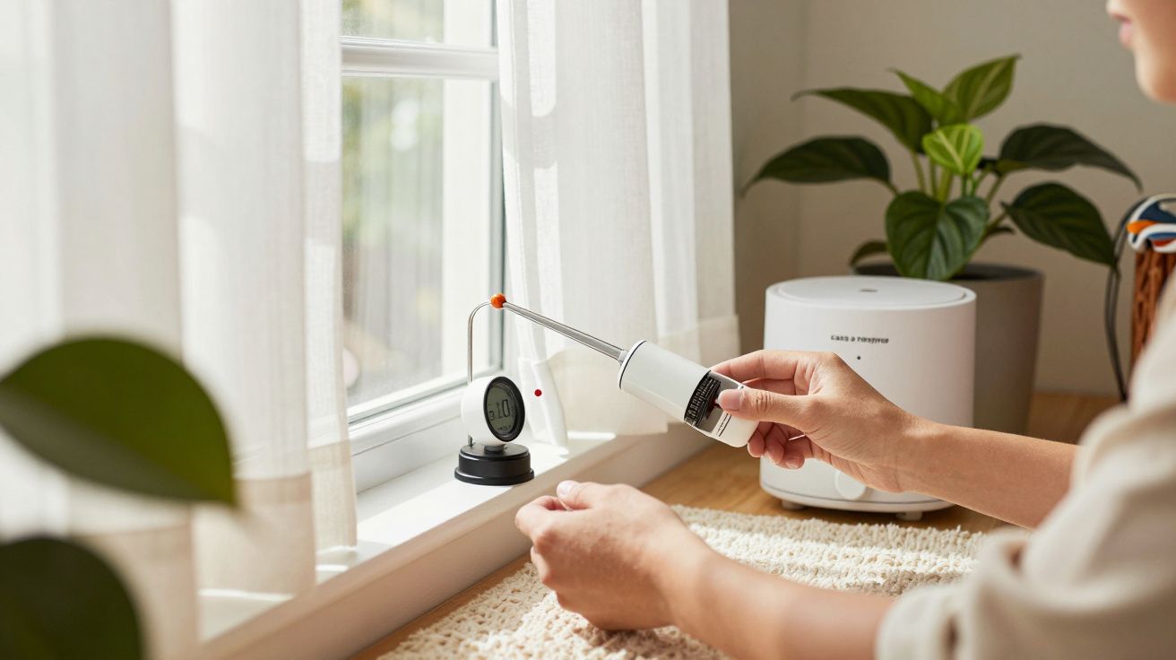 Pessoa ajusta medidor de temperatura perto de uma janela com cortinas brancas; plantas no fundo.