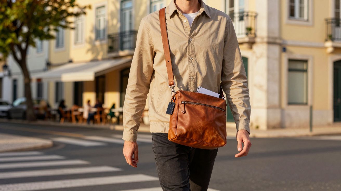 Homem a atravessar a rua com camisa bege e mala a tiracolo castanha numa cidade ensolarada.