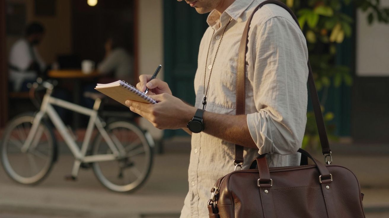 Homem de camisa bege escreve em bloco de notas, segurando mala de couro, bicicleta ao fundo.