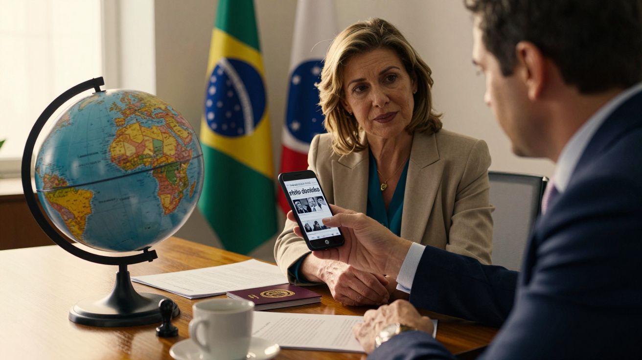 Homem e mulher em reunião, com globo terrestre e bandeira do Brasil ao fundo; ele mostra algo no telemóvel.