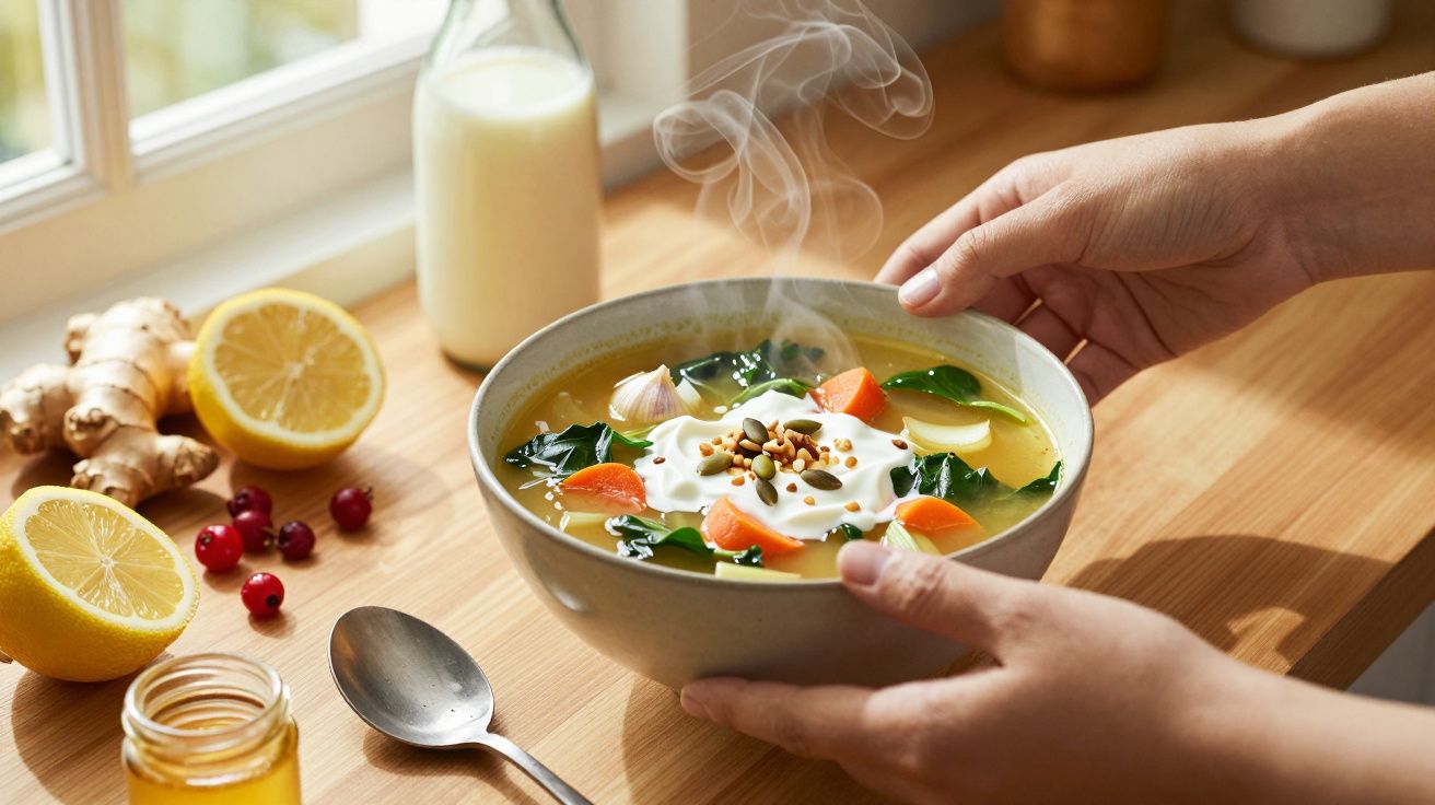 Pessoa segura tigela de sopa com legumes e creme, perto de janela com limão, gengibre e leite ao lado.