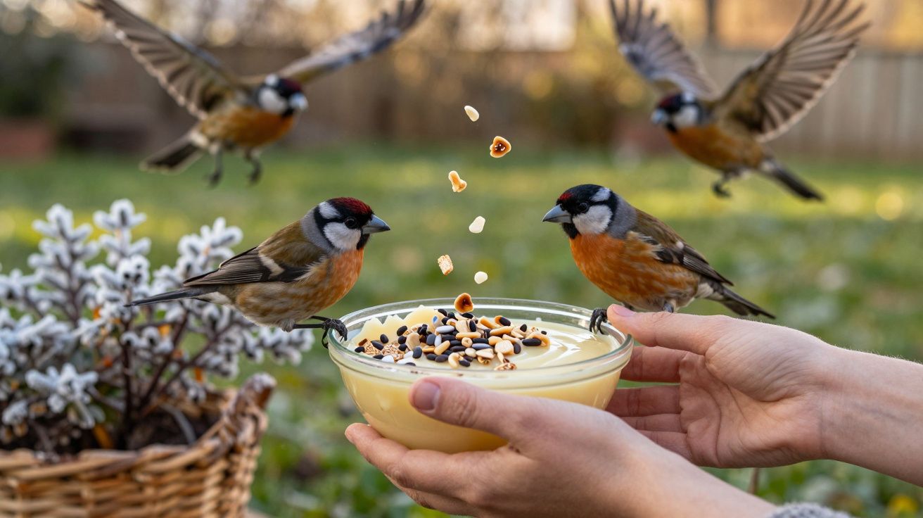 Pássaros a comer sementes de uma tigela amarela em mãos, com flores e pássaros a voar no fundo.