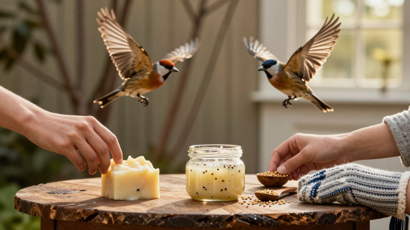 Duas aves em voo sobre mesa com pote de sementes e mãos oferecendo comida.