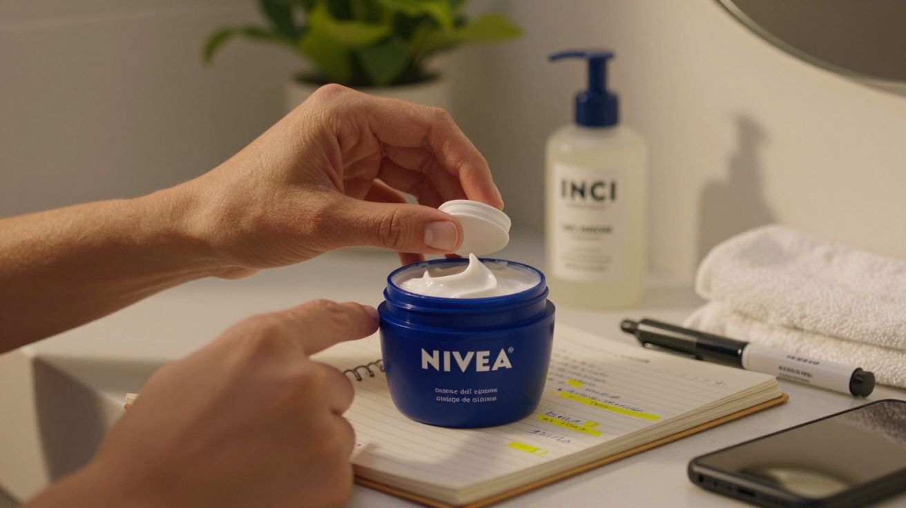 Mãos abrindo pote de creme Nivea azul sobre caderno com caneta, toalha e frasco de sabonete ao fundo.