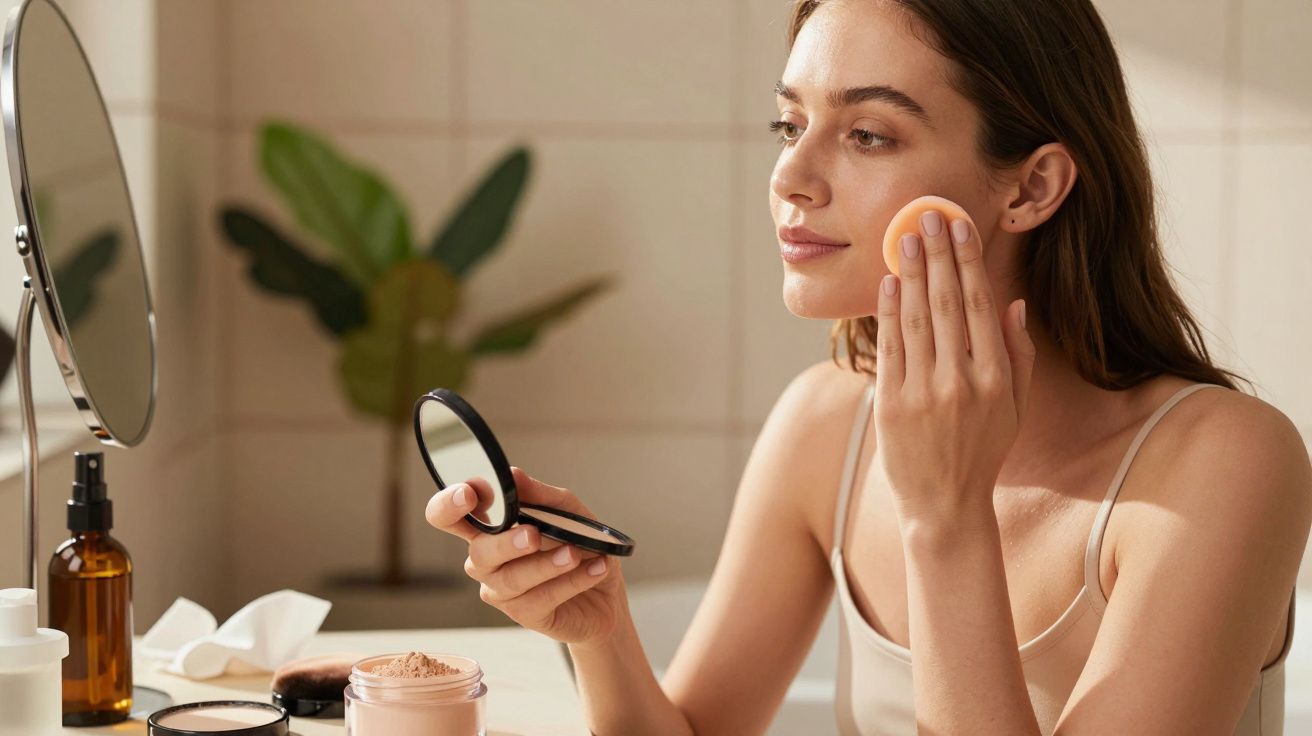Mulher aplica maquilhagem no rosto com esponja, segurando espelho de mão, em frente a um espelho de mesa.