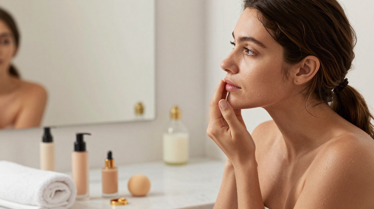 Mulher aplica creme no rosto em frente a um espelho, com produtos de cuidado da pele sobre a bancada.