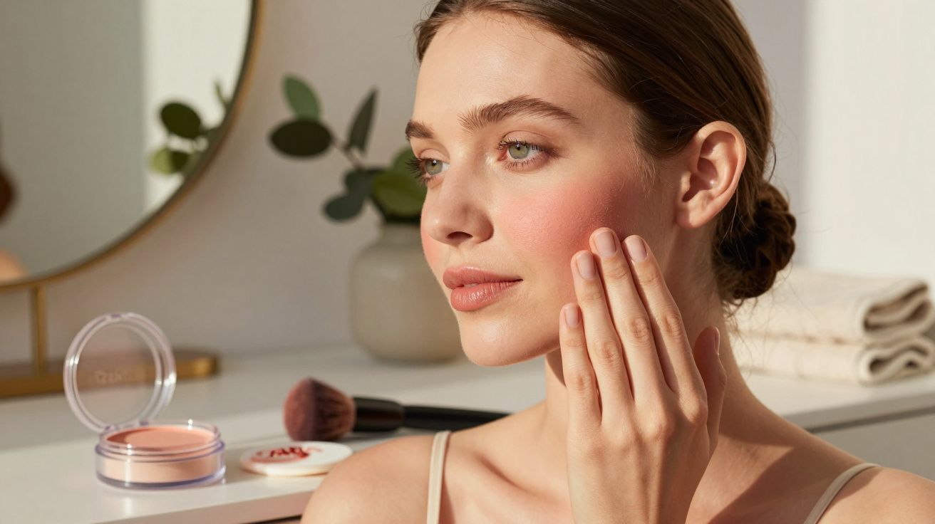 Mulher aplicando blush no rosto, com produtos de maquilhagem e espelho ao fundo.